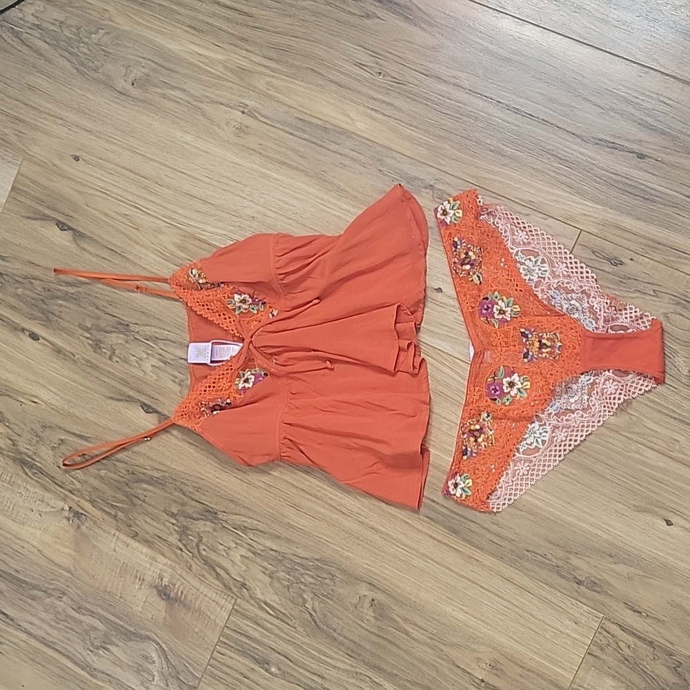 Savage X Fenty Dolled Up Sleep Cami Spiced Orange with Lace Cheeky - Picture 5 of 15